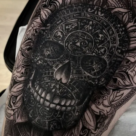 black and grey, Maya Schädel tattoo, schädel tattoo. realistic tattoo, mandala tattoo, tattoo bremen