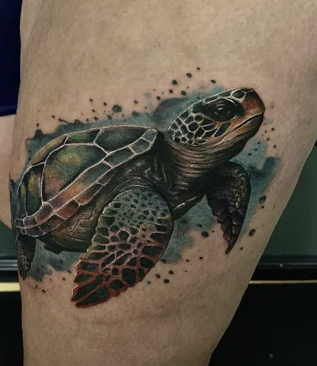 color tattoo, buntes tattoo, schildkröte tattoo, tier tattoo, aquarell tattoo, oberschenkel tattoo, tattoo bremen