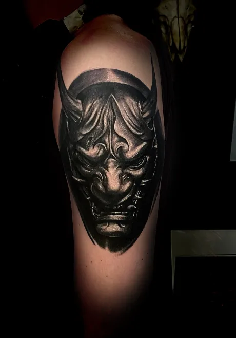 black and grey tattoo, arm tattoo, dunkles tattoo, hannya tattoo, hannya maske tattoo, bremen tattoo, tattoo bremen