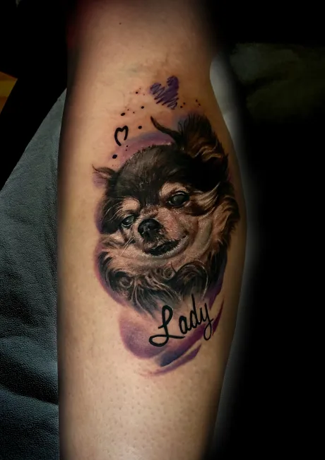 color tattoo, colour tattoo, farbiges tattoo, bein tattoo,waden tattoo,porträt tattoo, hund tattoo, hundeporträt tattoo, aquarell tattoo, erinnerungs tattoo, bremen tattoo, tattoo bremen