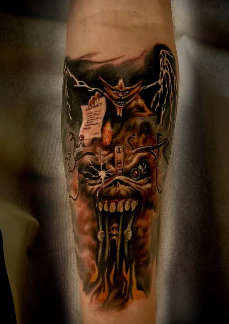 color tattoo, colour tattoo, farbiges tattoo, eddie tattoo, iron maiden tattoo, arm tattoo, fan tattoo, band tattoo, heavy metal tattoo, bremen tattoo, tattoo bremen