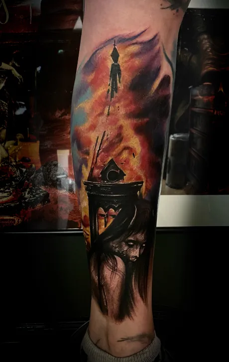 black and grey tattoo, color tattoo, colour tattoo, farbiges tattoo, bein tattoo, kirche tattoo, brennende kirche tattoo, dämon tattoo, bremen tattoo, tattoo bremen