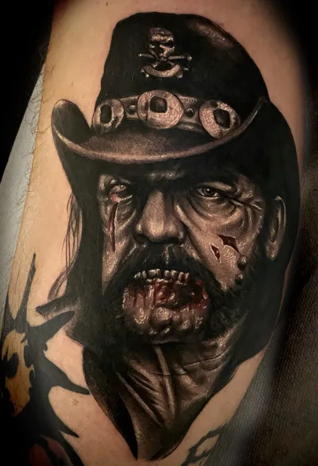 black and grey tattoo, bein tattoo, waden tattoo, porträt tattoo, lemmy tattoo, zombie tattoo, motörhead tattoo, band tattoo, bremen tattoo, tattoo bremen