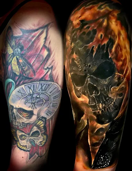 color tattoo, colour tattoo, farbiges tattoo, cover up tattoo, cover tattoo, schädel tattoo, feuer tattoo, bremen tattoo, tattoo bremen