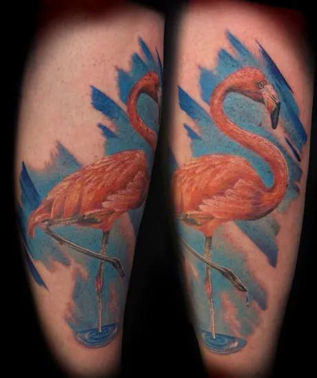 colour tattoo, color tattoo, farbiges tattoo, bein tattoo, schienbein tattoo, flamingo tattoo, vogel tattoo, bremen tattoo, tattoo bremen