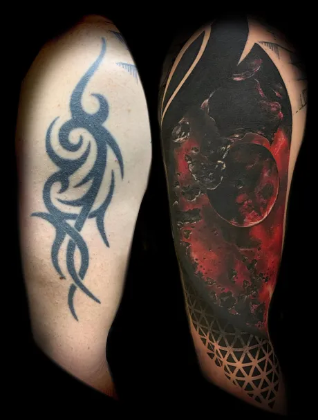 cover up tattoo, cover tattoo, tribal cover up tattoo, color tattoo, colour tattoo, arm tattoo, oberarm tattoo, galaxy tattoo, bremen tattoo, tattoo bremen