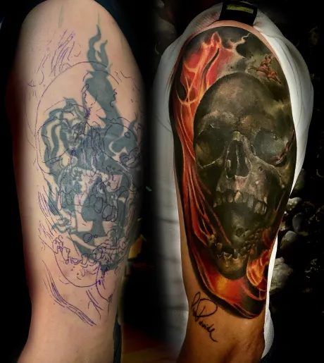 color tattoo, colour tattoo, buntes tattoo, geheiltes tattoo, arm tattoo, schädel tattoo, feuer tattoo, bremen tattoo, tattoo bremen