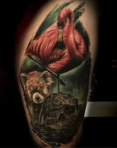 colour tattoo, color tattoo, farbiges tattoo, buntes tattoo, abgeheiltes tattoo, geheiltes tattoo, schädel tattoo, panda tattoo, flamingo tattoo, bremen tattoo, tattoo bremen