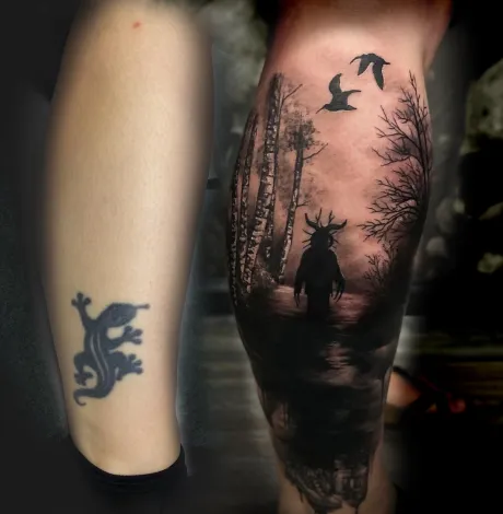 black and grey tattoo, bein tattoo, waden tattoo, wald tattoo, natur tattoo, cover up tattoo, dämon tattoo, bremen tattoo, tattoo bremen