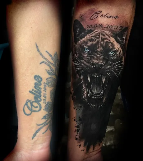 black and grey tattoo, arm tattoo, panther tattoo, raubkatze tattoo, cover up tattoo, schrift tattoo, bremen tattoo, tattoo bremen, unterarm tattoo